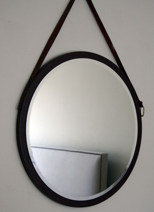Round Mirror. Mid-century Modern Mirror. Danish Mirror. Vintage Leather Mirror. 24" x 24"