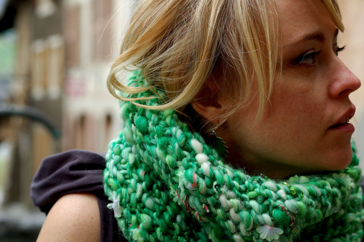 Emerald Rainforest Chunky Diagonal Knit Cowl with glitz, flowers and sparkles