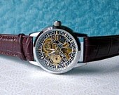 SALE - AUTOMATIC Mechanical Wrist Watch, Warranty, Vintage Filigree  SIlver Trim Brown Custom Leather Band Steampunk