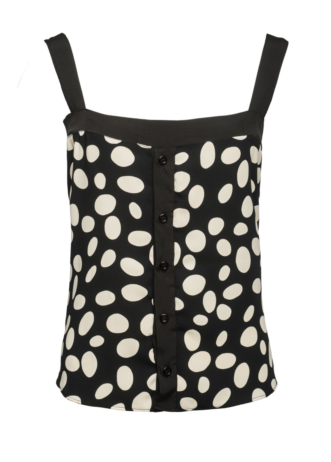 sleeveless blouse. polka dot blouse. black sleeveless top. vest top. button down shirt. button up shirt