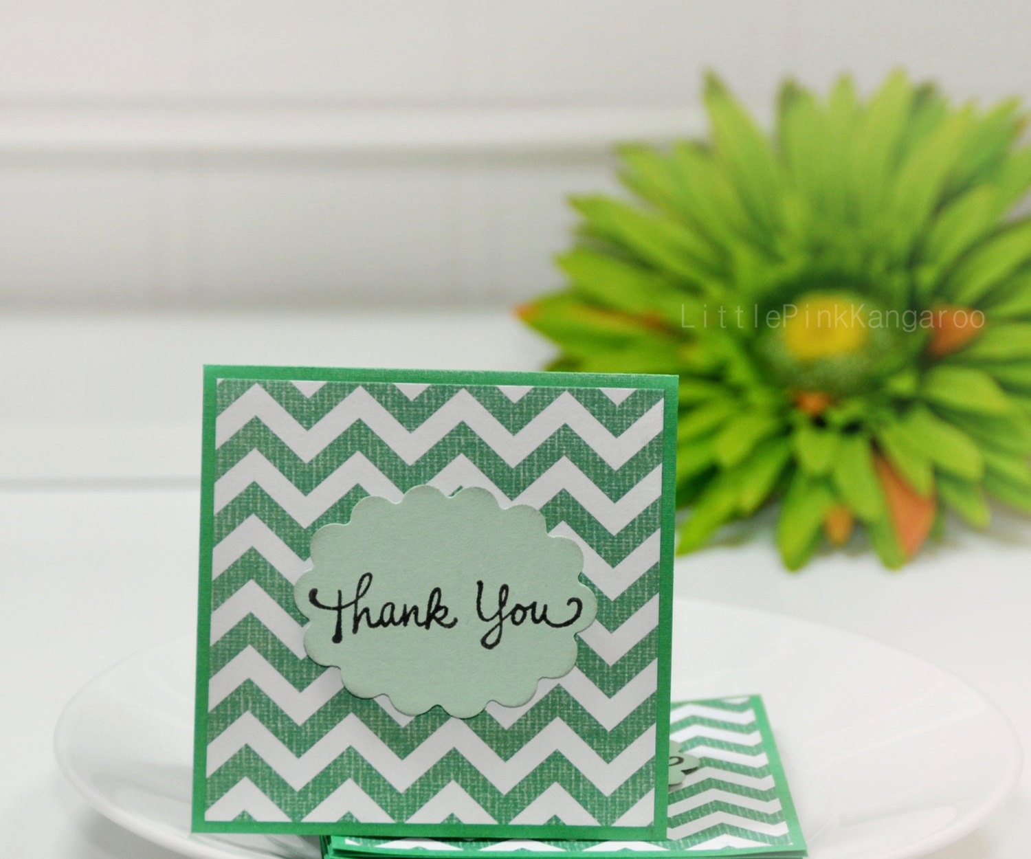 Green and White Chevron- Thank You MIni Cards  Blank Cards Customer Thank You Cards ( Set of 4)