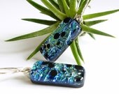 Blue Green Glass Earrings, Dichroic Fused Glass Earrings, Sterling Silver Ear Wires
