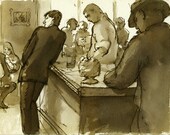 Original Pen and Ink Drawing, Au Bar, Reed Pen and Sepia Ink on Sketch Paper
