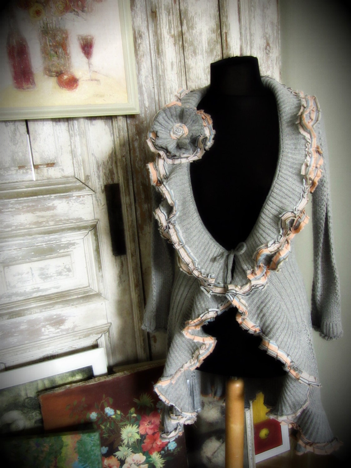 Upcycled Clothing / Gray Tattered Ruffles Cardigan Sweater with Flower Brooch / Womens Tops Cardigans / Shabby Boho Chic / Size S/M