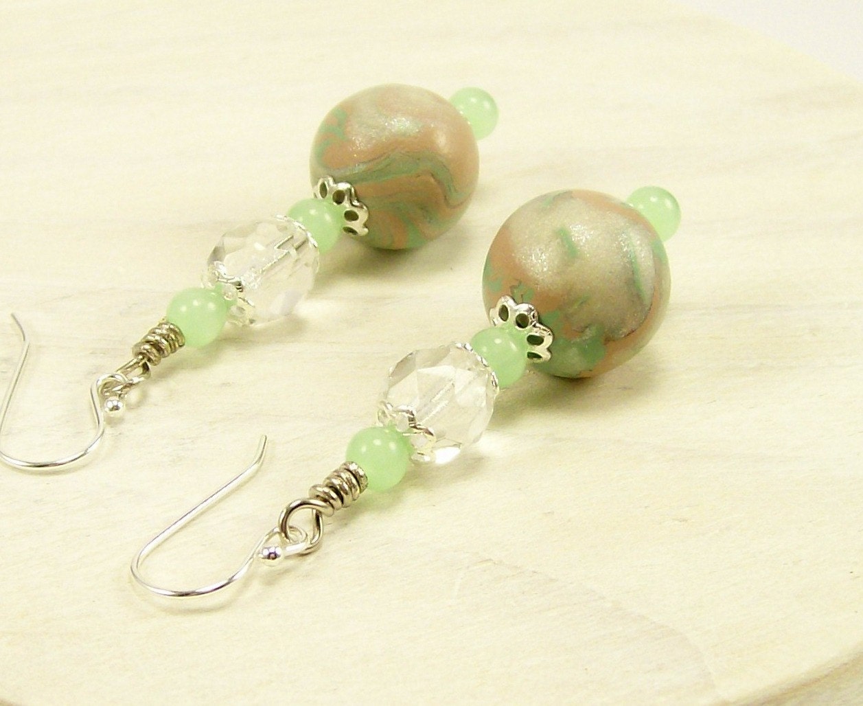 Green Dangle Earrings, Sterling Ear Wires, Beaded Handmade Clay Earrings, Spring Summer Trend, Clay Jewelry, Crystal Jewelry, Beaded Jewelry