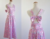 Vintage Lanz Sundress -- Pink Floral Full Skirt Dress -- Criss Cross Back Dress -- Large