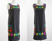 Vintage Mexican Shift Dress -- Black Embroidered Flower -- Small