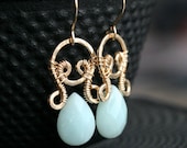 Handmade Amazonite dangle earrings, 14k gold filled, aqua, teal, wire wrapped, hammered, drop earrings, Mimi Michele Jewelr