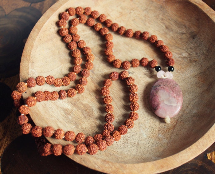 Large Rhodonite, Rose Quartz, Onyx and Rudraksha Mala Beads For Growth, Loving and Helping Yourself
