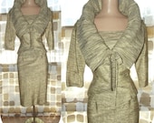 Vintage 50s Gold Metallic Wiggle Dress & Stand Up Collar Jacket 2 Pc Suit ANITA MODES 14/M/L