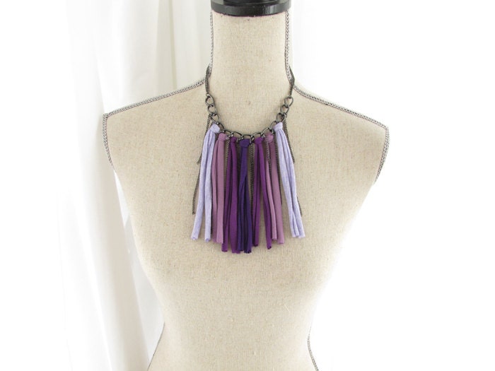Fabric Fringe Multistrand Bib Necklace in Lilac & Purples on a Gunmetal Chain