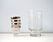 Vintage Silver Rim Barware, Cocktail Pitcher, Shot Glasses, Glass Stir Stick, 1960s Drinking Glasses, Serving Set, Etched Glass, Mad Men Era