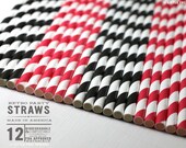 Red and Black Paper Stripey Straws  12pk & Digital Flags - Party - Birthday - Baby Shower - Wedding