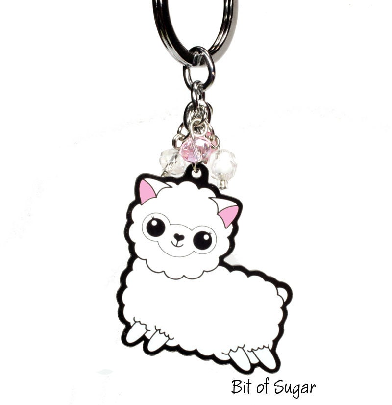 Alpaca Keychain - Kawaii cute fluffy white acrylic alpaca - miniature animal charm keyring key chain llama camel bag clip