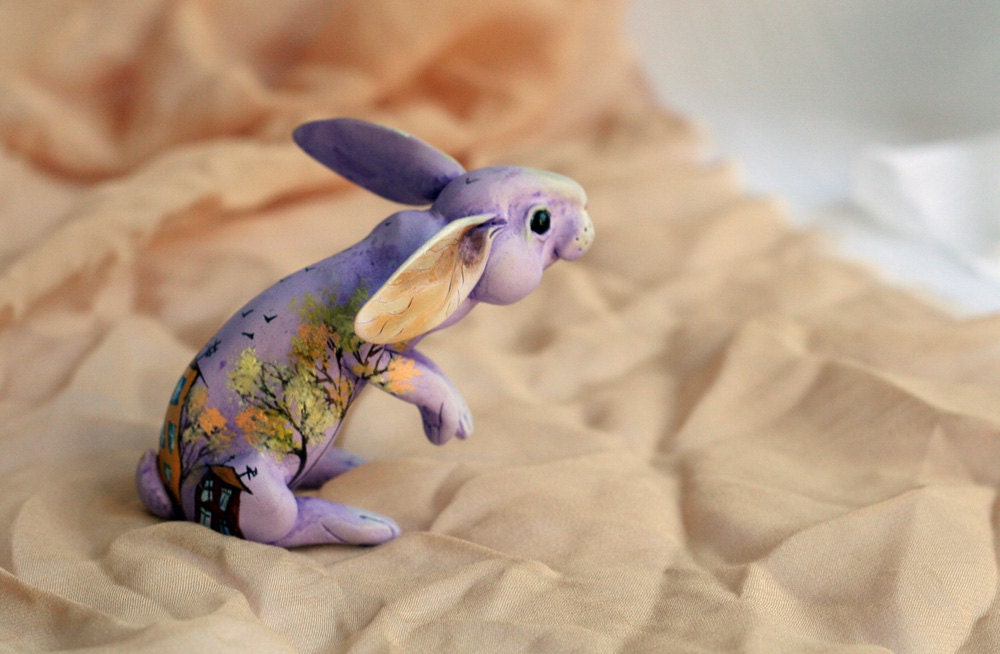 Light lilac watercolor spring rabbit  N1. Polymer clay hand painted miniature by Madre Olius