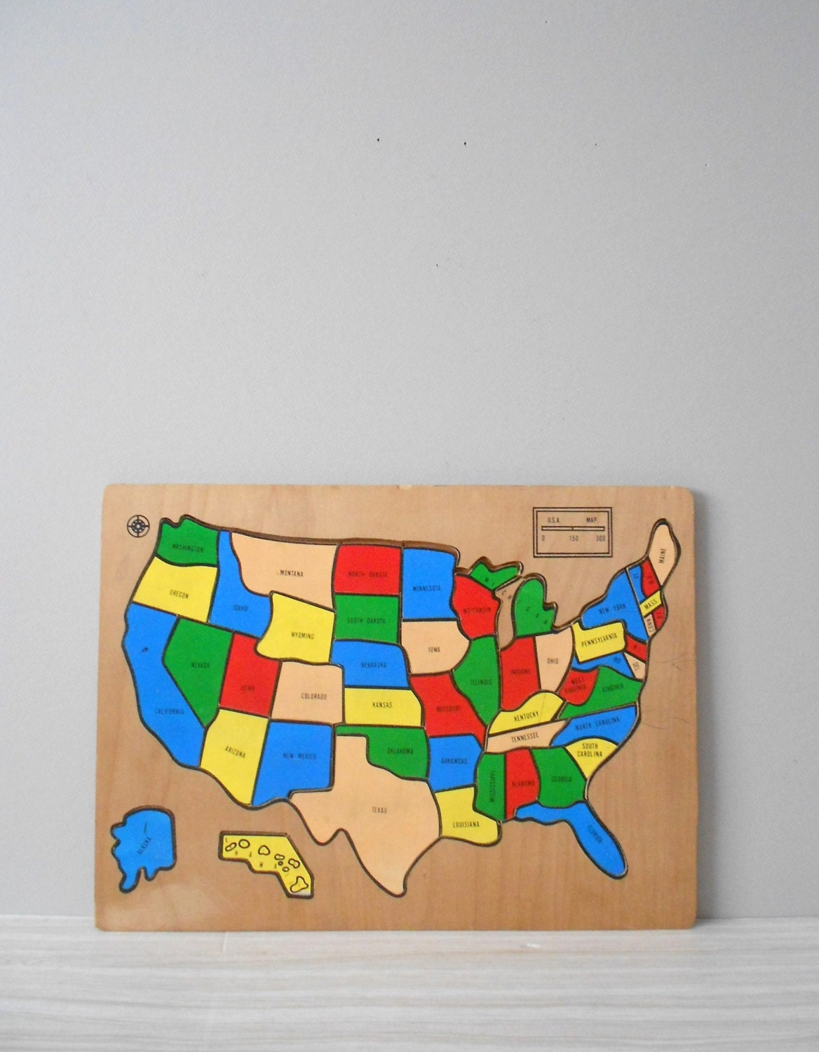 vintage wood puzzle map of the US // united states of america