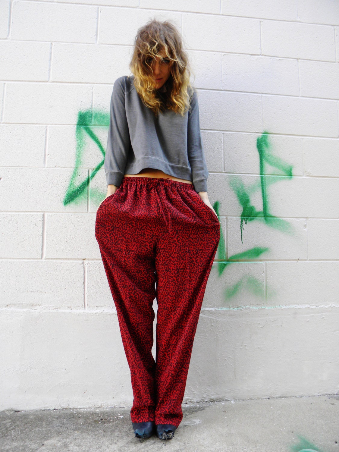 red LEOPARD print SLOUCHY 90s drawstring Pants. loose drop crotch trousers. animal print. cheetah print pants.