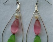 Earrings, Chandelier, Teardrop, Pink and Green Tiger's Eye Semi Precious Stones, Spring Celebrations, AKA Inspired