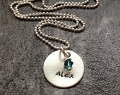 Personalized Mother's Necklace: Hand Stamped Sterling Silver 3/4" Disc and Swarovski Crystal Necklace