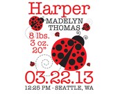 Baby Name Art, Lady bug, Ladybug, Birth Announcement, Nursery Wall Art, Personalized Childrens, Art for Nursery, Birth Stats Print, LBugBA