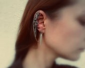 Silver Monster Ear Cuffs With Chains And Connected Stud Earrings, Gothic Creature Spike Earrings, PAIR