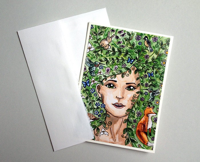 nature girl fox birds flowers greeting general blank card Watercolor Art