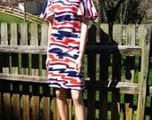 Vintage Day Dress A Line Short Flutter Sleeve Red White Blue 60's 70's