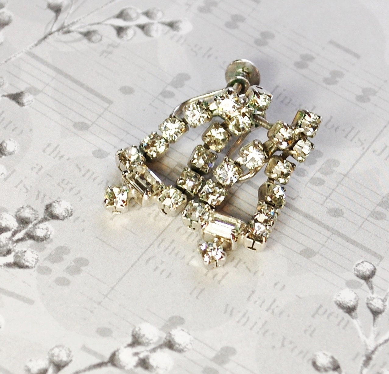 Vintage Dangling Earrings, Clear Rhinestones, Baguette Crystals, Long Chandeliers, Silver Screw-backs, 1940s Retro, Wedding Bridal Jewelry