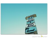 photography, mid-century, modern, atomic, vintage sign, roadside, americana, retro, blue, white, aqua - Mid-century Motel, 16x24 photograph