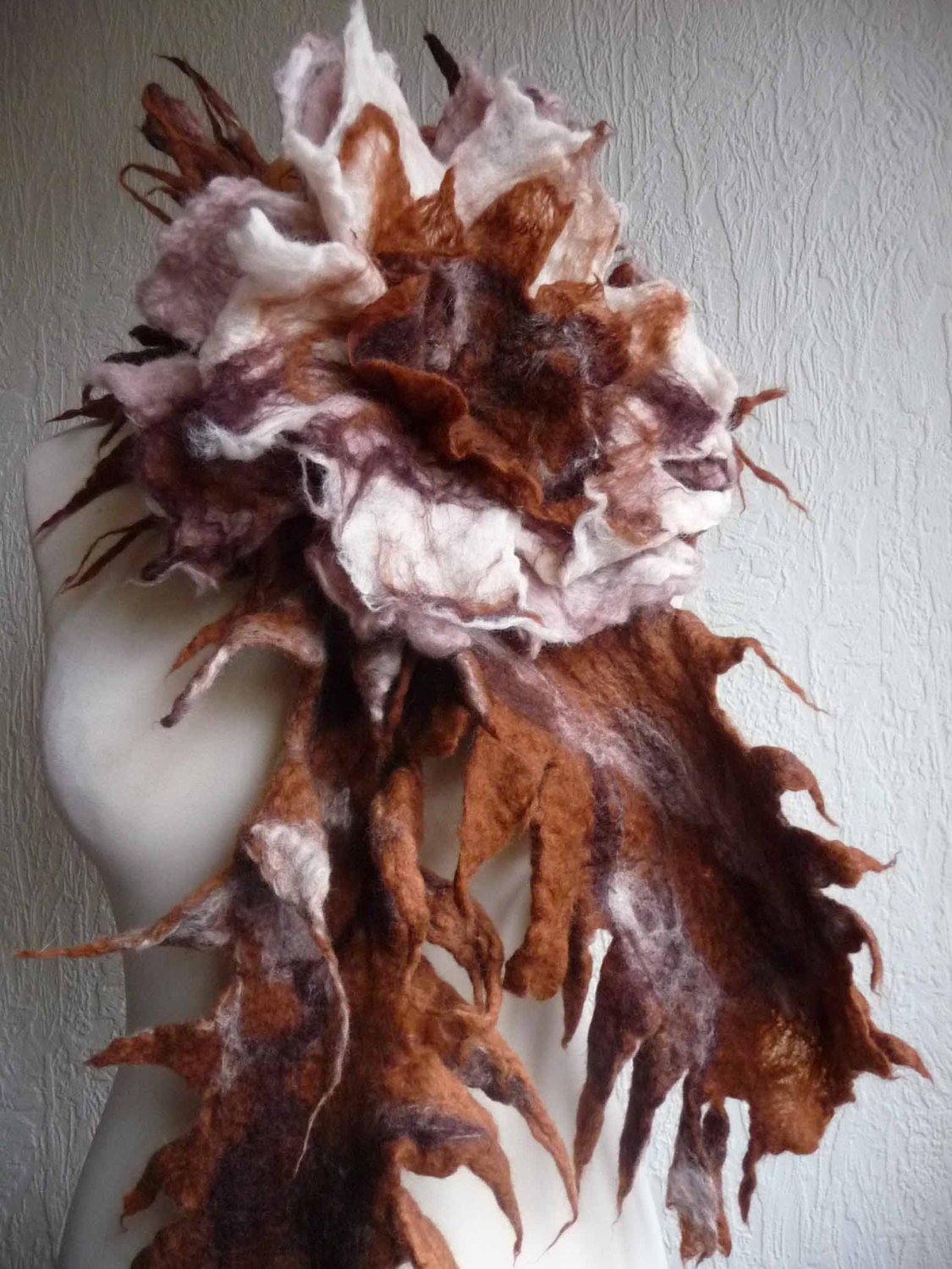 felted wool scarf , handmade, felt, wrap, brown, beige, spiky, lagenlook, MADE TO ORDER