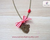 Vintage French Bow Necklace. Heart Bunny Panda. Love Inspired. Romantic Jewelry. Red White Necklace