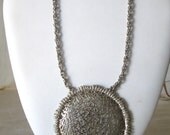 Vintage Large Round Silver Tone Pendant Necklace With Filligree Pattern