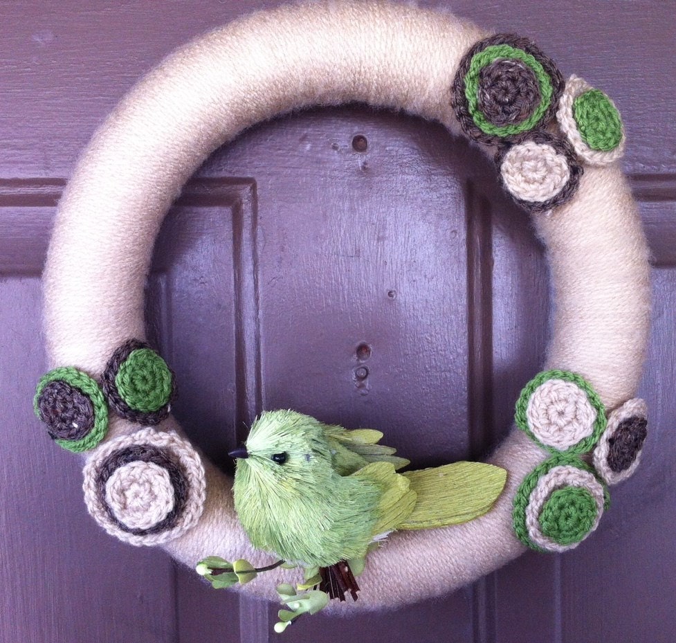Spring Bird Wreath - Yarn Wrapped Wreath - Summer Wreath - Crochet Wreath - Nursey Decor - Ready to Ship - OOAK