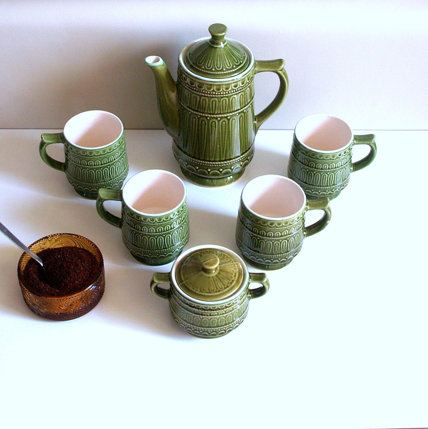 BUT FIRST, COFFEE Vintage 60s Mid Century Japanese Coffee Pot Set Vintage Home & Living Serving in Avocado Green Retro Pattern Service for 4