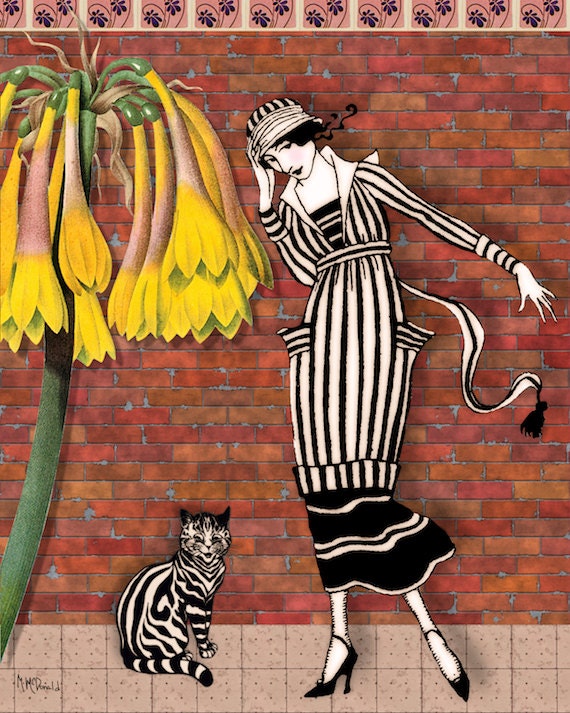 Whimsical Art Print, Cat Lover, "Fast Friends" 8 x 10, Mixed Media Collage, Eahkee Arts
