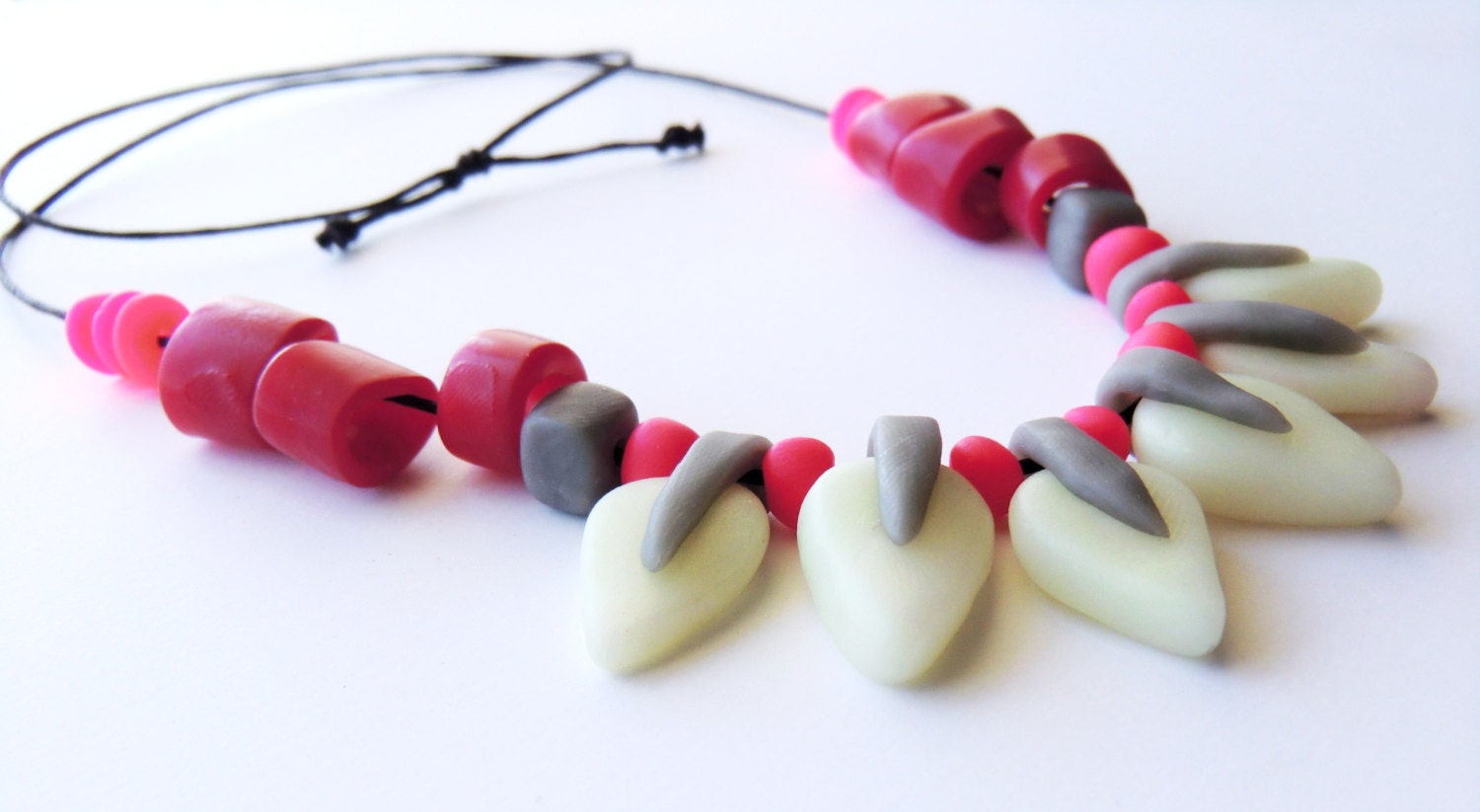 Neon Tribal Statement Necklace, FREE EU SHIPPING polymer clay aztec, chunky, neon pink, fluorescent bib