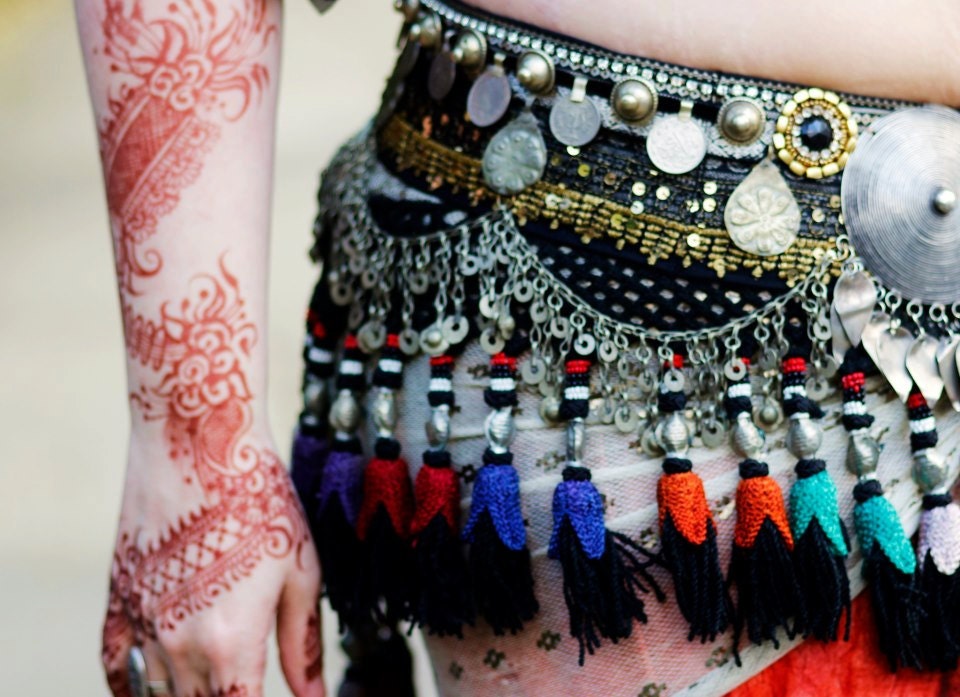 Tribal Bellydance Belt- Golddust- Heavy Coins, Horse Hair Tassels, Chain Fringe, Gold Sequins, Silver Sari Trim