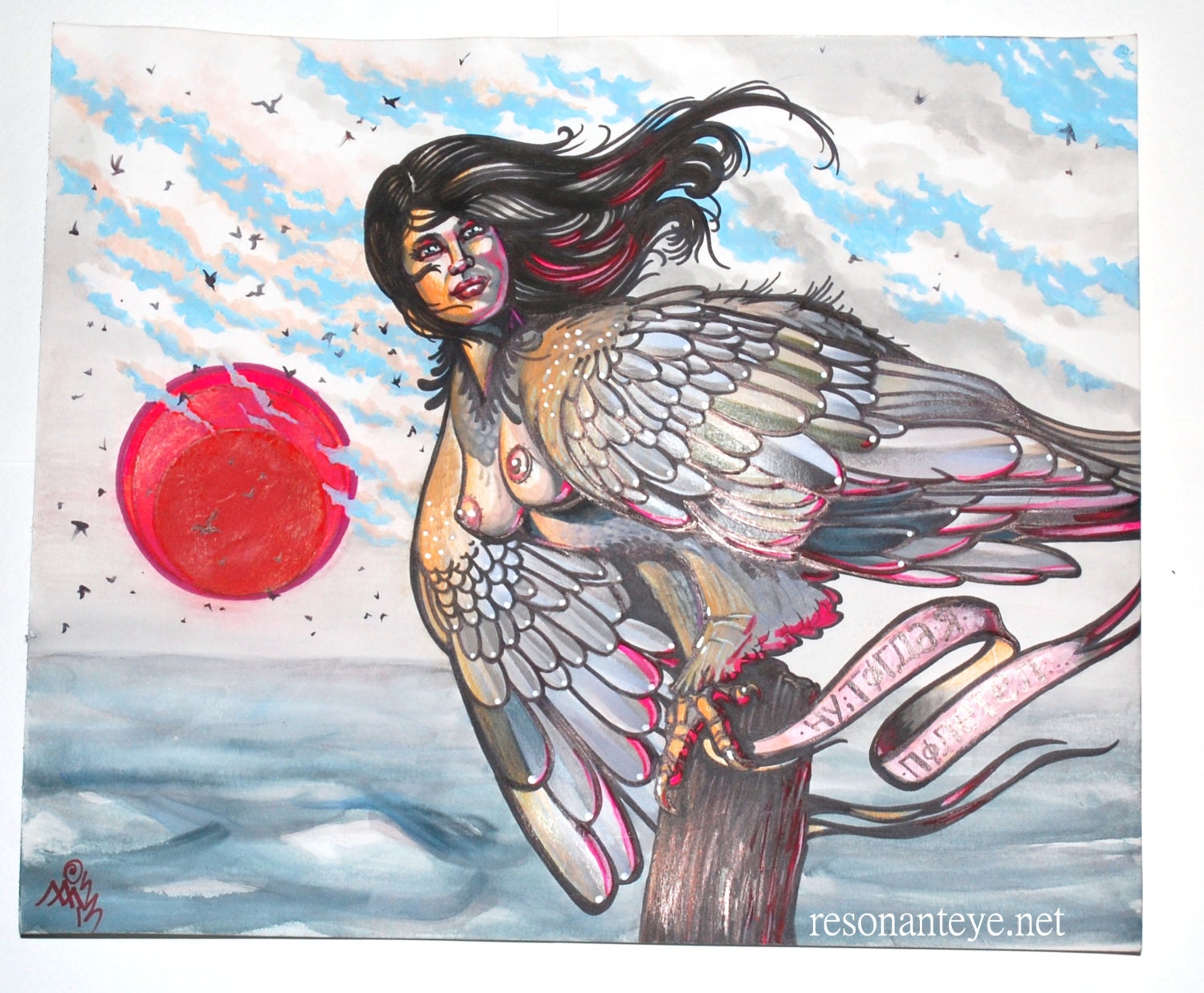 alkonost, harpy, fantasy woman, witch bird: harpy with banner, mature, nsfw