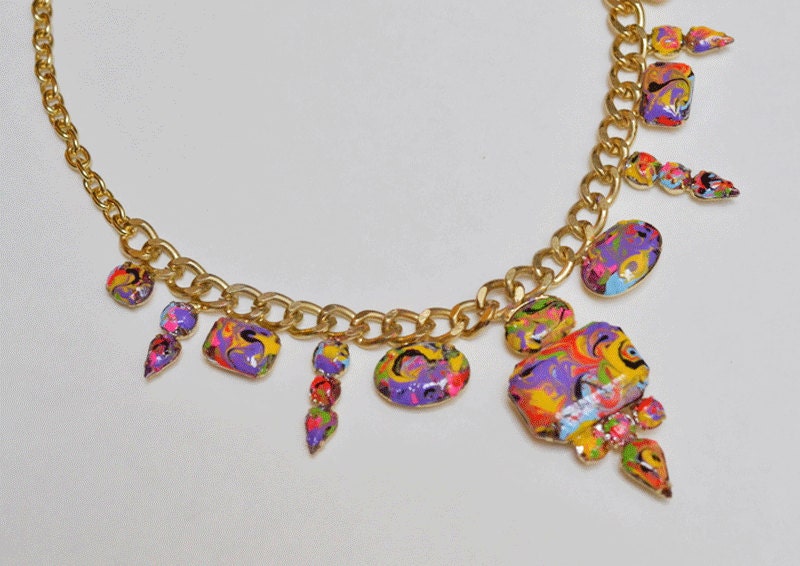 statement necklace hand painted rhinestone neon pink Summer of Love swirl