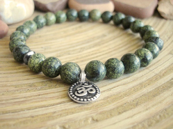 Mens Yoga Bracelet - Silver Om Charm Russian Serpentine Bracelet with Hematite, Green Japa Mala Bead Bracelet