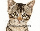Tabby striped kitten cat paintings 5x7 print from original watercolor painting pet portraits childrens room art earthspalette