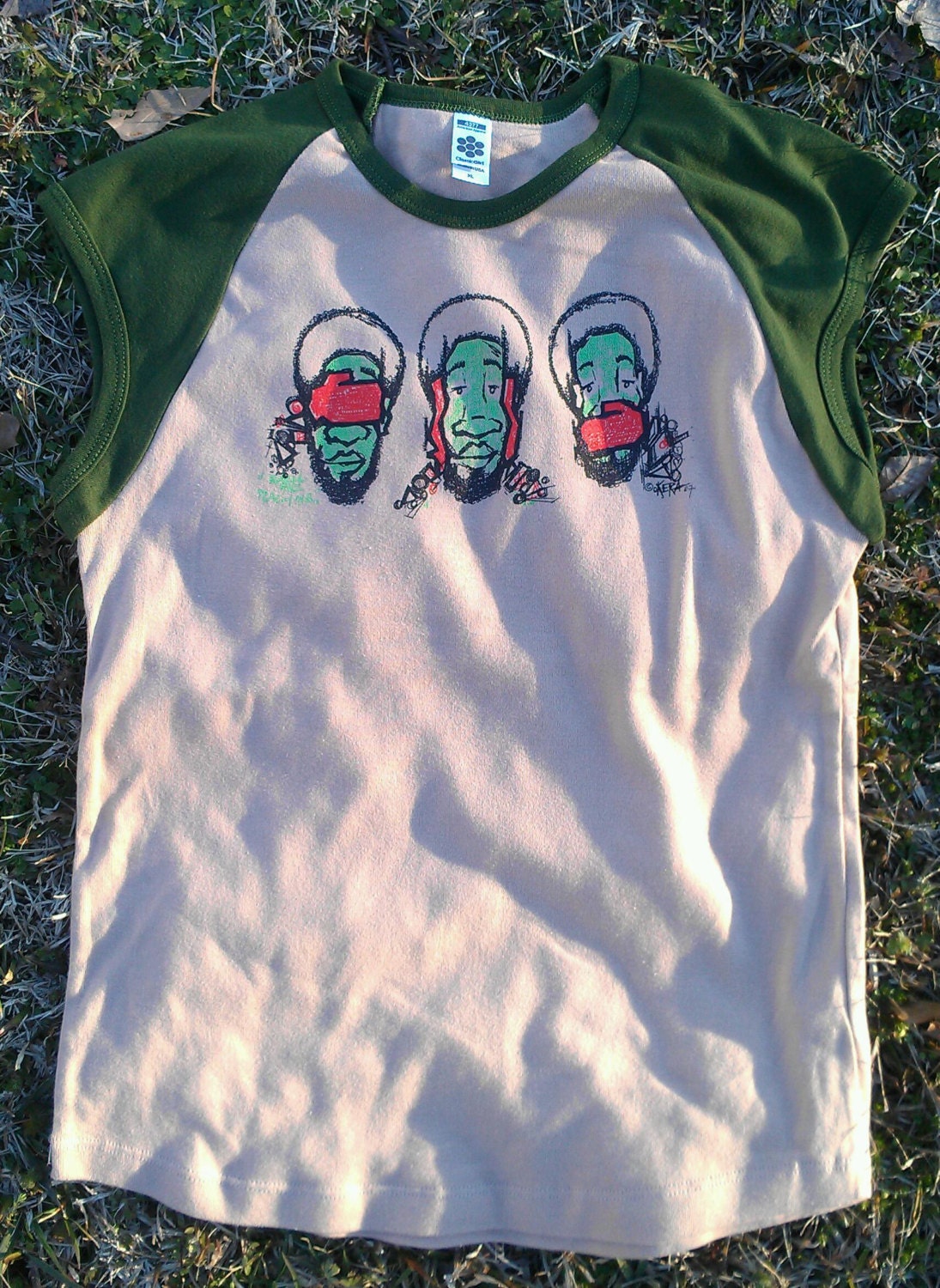 graphic printed womens XLARGE tshirt - See No Evil, Hear No Evil, Speak No Evil - american apparel cap sleeve, tan and olive green