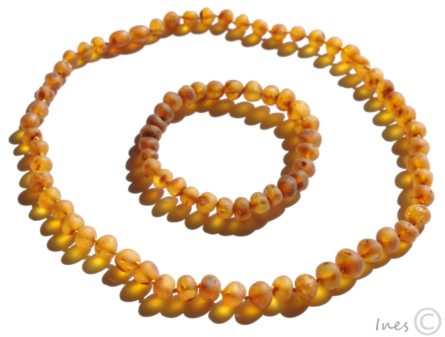 Raw Unpolished Cognac Color Baltic Amber Necklace and Matching Bracelet. For Adults