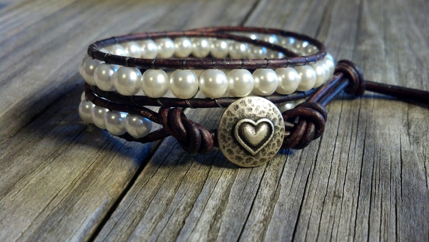 Glass Pearl Bracelet, Double Leather Wrap, Shabby Chic, Wedding, Bridal
