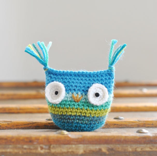 Blue Owl Toy - Soft Natural Toy - Rainbow Blue Owl Rattle - Newborn Baby Toy