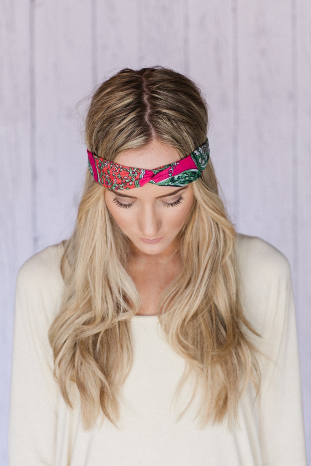Pink Thin Twist Headband with Antique Clock Pattern and Fabric Covered Elastic Back - A Stitch in Time Turband (HB100B)