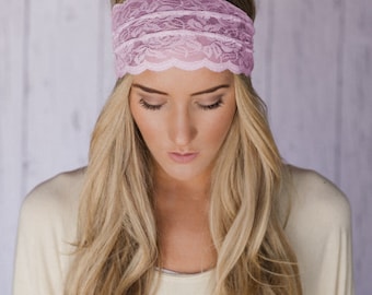 Pink Sheer Lace Headband with Tapered Cut and Scalloped Edge - Sheer Simplicity Headband