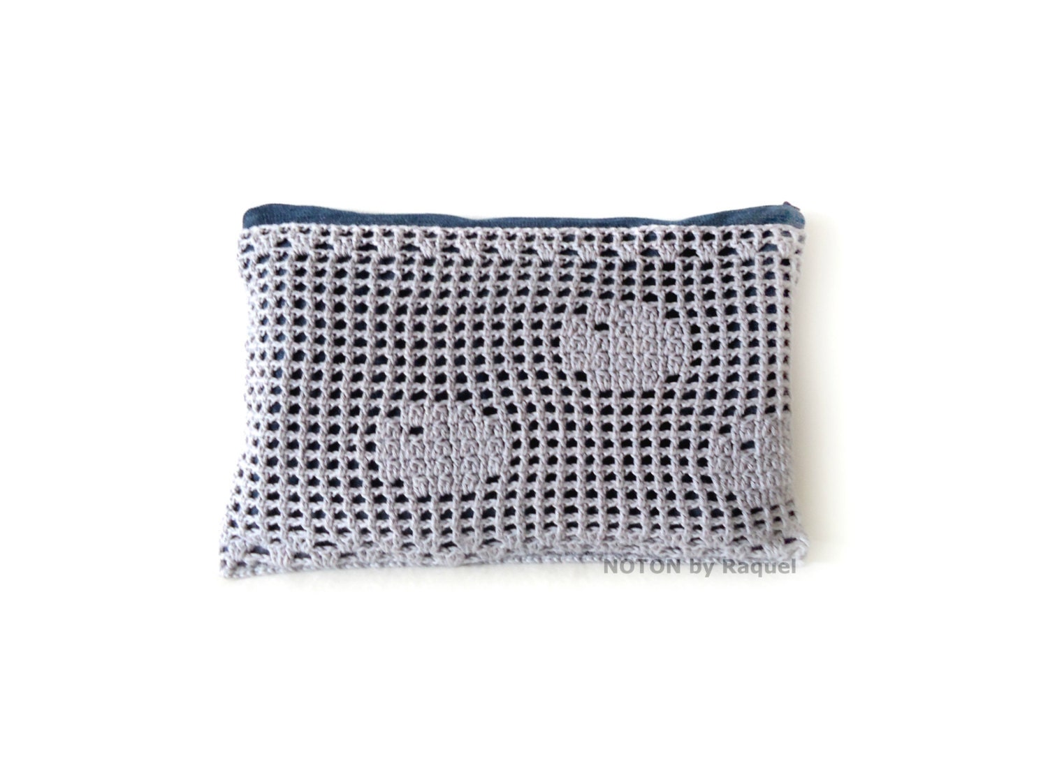 Grey Clutch in Denim and Crochet, woman handmade purse, womens accessories, retro purse, gifts for her