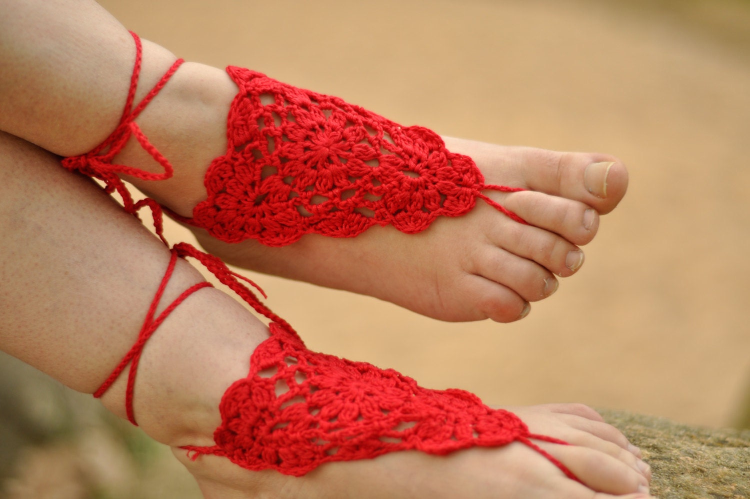 BAREFOOT SANDALS, Crochet, CORAL Red, Beach Wedding, Nude Shoes, Foot Jewelry, Barefoot Sandles, Summer, Gypsy Anklets, Cotton Lace Hippie