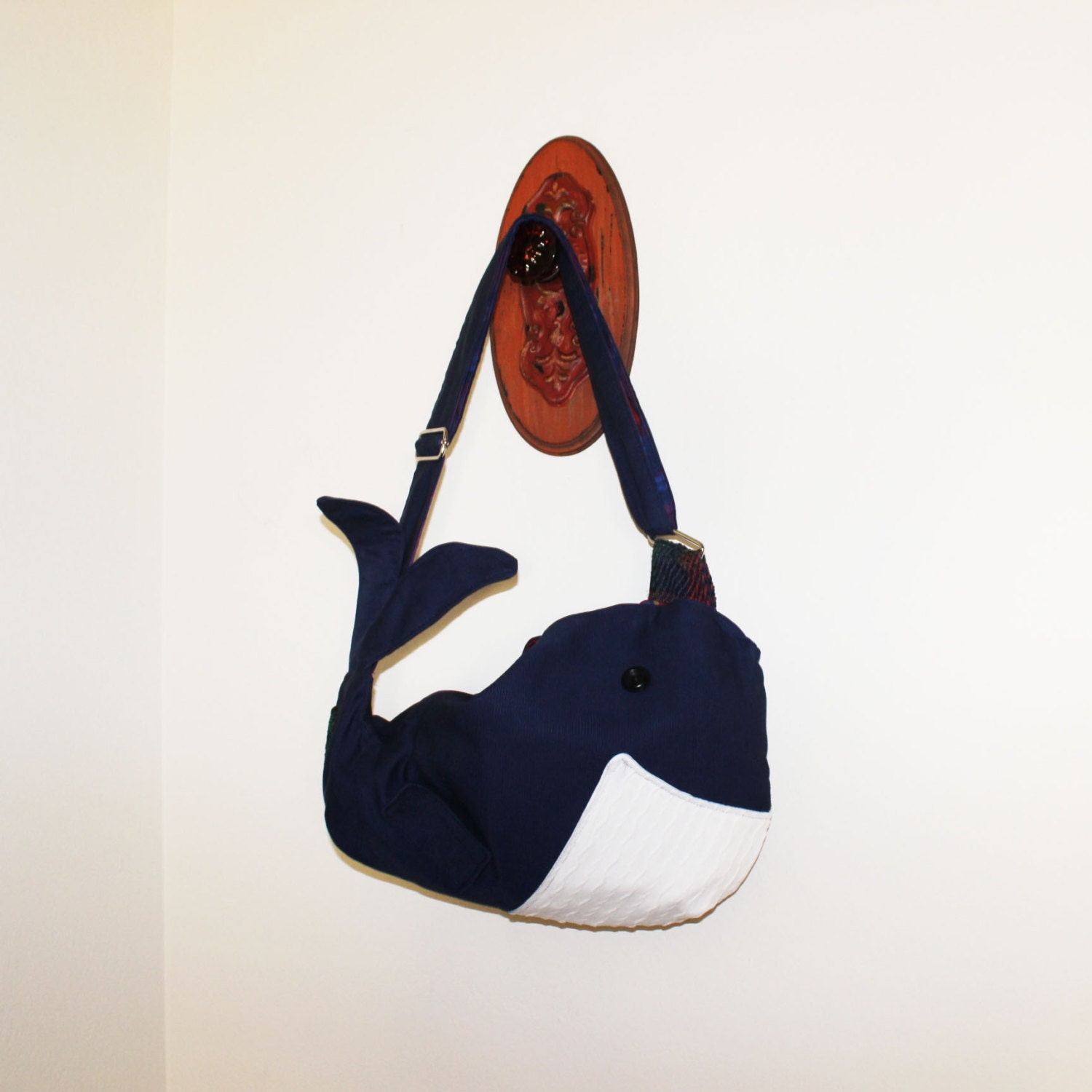 Whale Bag  Messenger Tote Plaid Purse Navy Blue Upcycled Handmade Unique OOAK